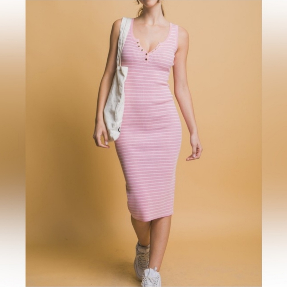 ππ©· Pink Striped SLEEVELESS Ribbed Midi Dress π©·π - Picture 5 of 10
